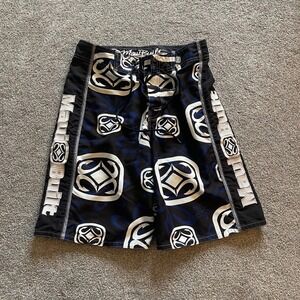 Mens Maui Built Board Shorts 30 Black Blue Tribal Fishhook Excellent Surf Trunks